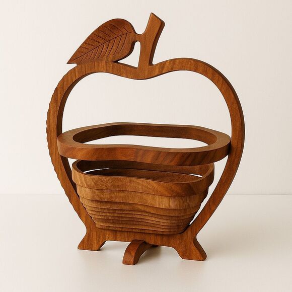 Vtg Wood Collapsible Apple Basket Folding Fruit Bowl Rustic Trivet Kitchen Decor - Picture 1 of 6